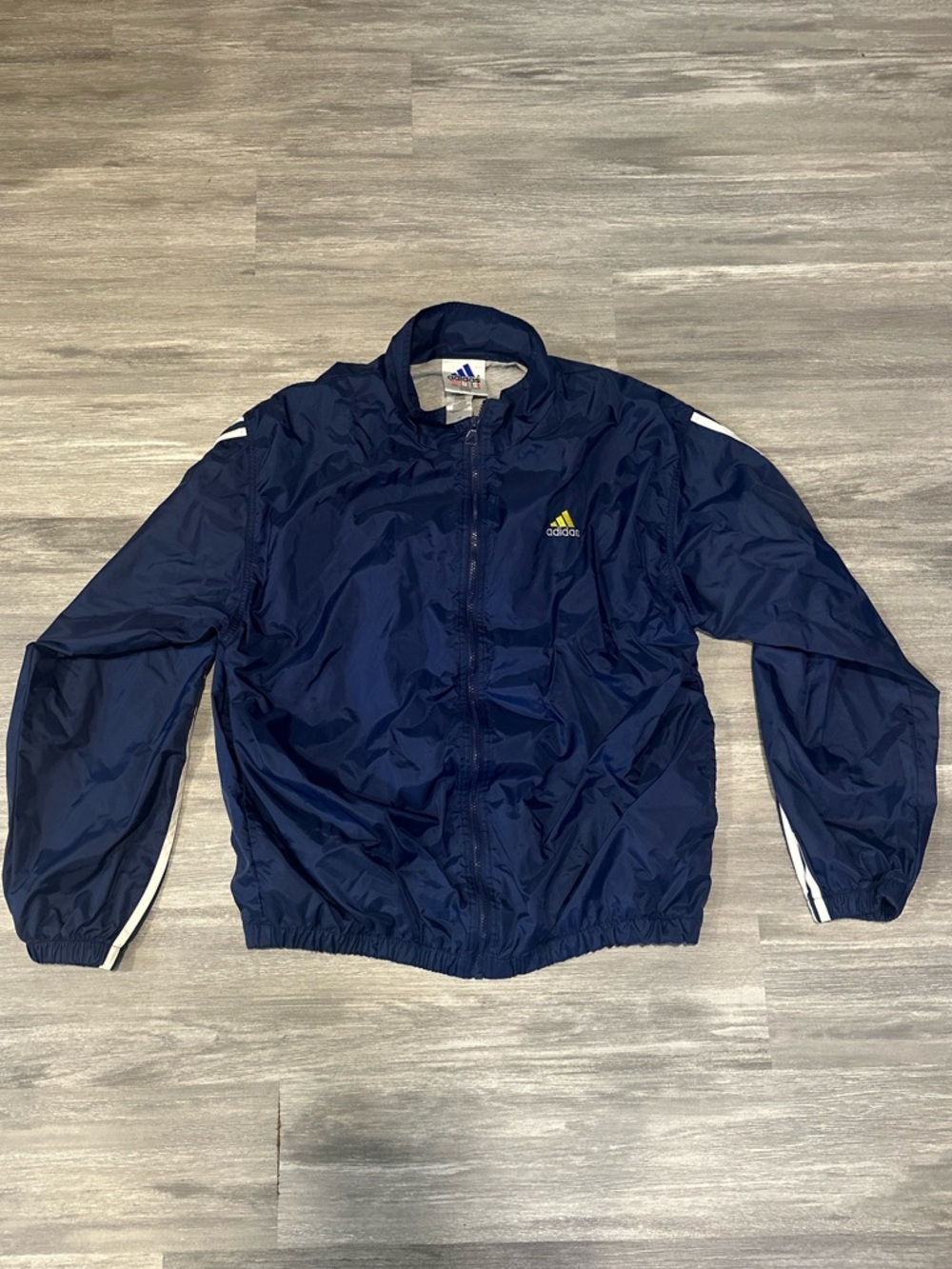 Y2K Adidas Navy and White Stripe Windbreaker Track Jacket Large